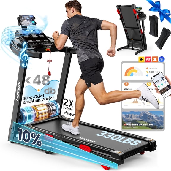 Folding Treadmill for Home with 10% Incline, 0.6–9 MPH Speed, Quiet Brushless Motor, 330 lb Capacity, App Support