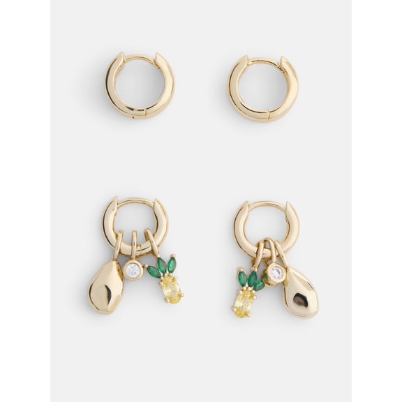 Free Assembly Women's Demi Fine 14K Gold Plated Duo Hoop and Cubic Zirconia Pineapple Earring Set, 2-Pairs