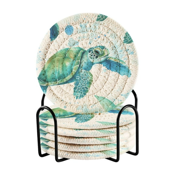 Turtles 6 Pcs Drink Coasters with Holder Absorbent Coasters Woven Coasters for Drinks Table Desk Protection Home Decor