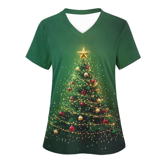 Feancey Christmas Scrubs for Women Plus Size Tops Trendy Xmas Tree Print Working T-Shirt Stretch Short Sleeve V Neck Scrub Shirts with Pockets Multicolor XXL