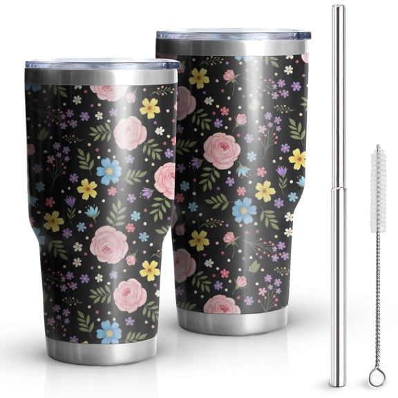 30oz Pioneer Flower Floral Print Pattern Tumbler, Double Wall Vacuum Insulated Cup, BPA-Free Leak Proof Lid & Reusable Straws, Hot 12h, Cold 34h