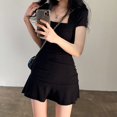 thumbnail image 4 of Vestido negro fruncido para mujer, cuello cuadrado, manga corta, ajustado, minivestido de verano a la moda coreana, con pliegues y volantes, vestido veraniego ajustado, 4 of 5