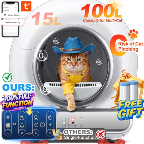 Self Cleaning Cat Litter Box, 115L Automatic Litter Box w/ Liner, 10 Sensor Protection for Multi Cat, Dual APP  Panel Control,Odor Removal,Litter Box
