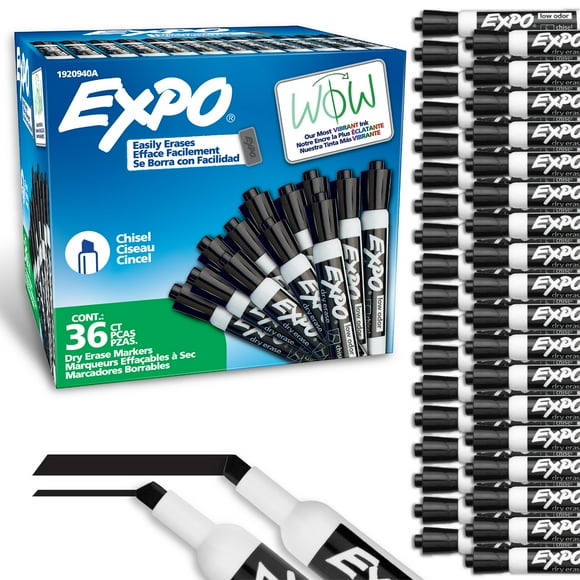 Marqueurs effaçables à sec EXPO, encre à faible odeur, noir, pointe biseautée, 36 unités
