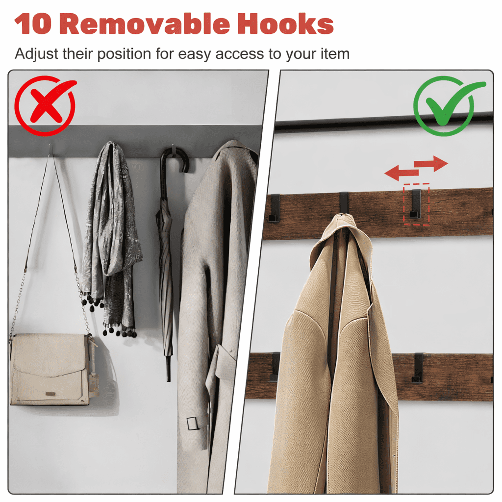 ZIVACATE Coat Rack, Hall Tree with Shoe Storage Bench, Entryway Bench with Shoe Storage, 4-in-1, Steel Frame, for Entryway, 28.35 x 13.27 x 72.05 in,Brown