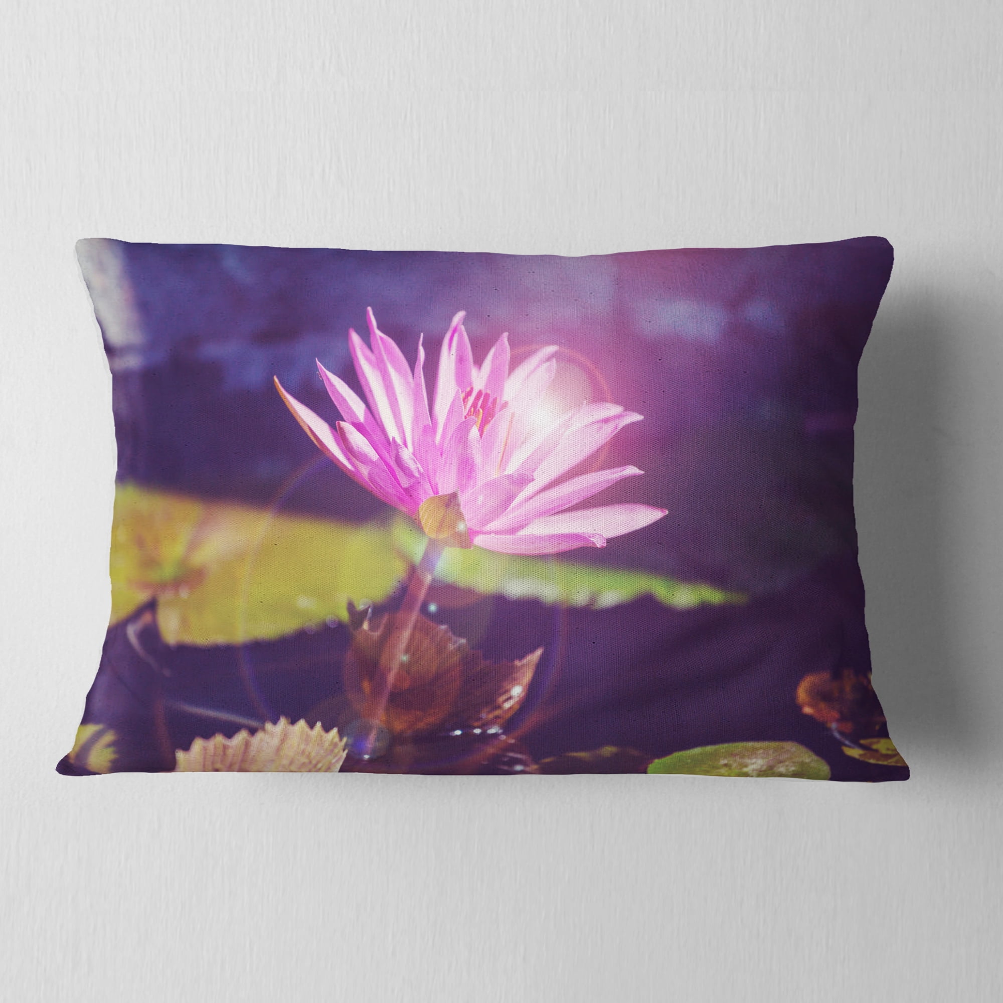 Designart Pink Lotus Flower on Blue Background - Floral Throw Pillow - 12x20