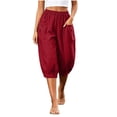 thumbnail image 5 of Horkkom Capris for Women with Pockets Solid Color Elastic Waist Pants Summer Casual Loose Pants M, 5 of 9