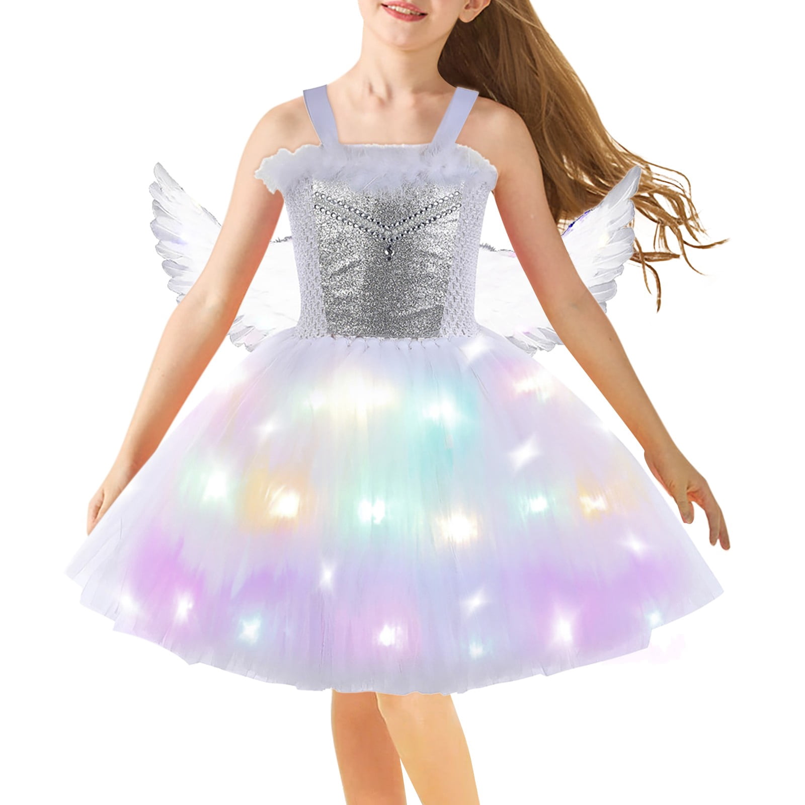Mercatoo Kids Girls 𝐕alentine's Day Princess Dress Light Up Tutus LED Lights Stage Show 𝐂ostume with Wing Set Birthday Dress