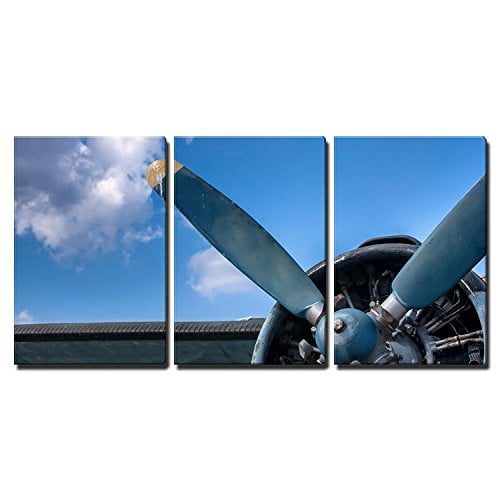 Wall26 3 Piece Canvas Wall Art - Propeller and Engine of Vintage Airplane -  Modern Home Art Stretched and Framed Ready to Hang