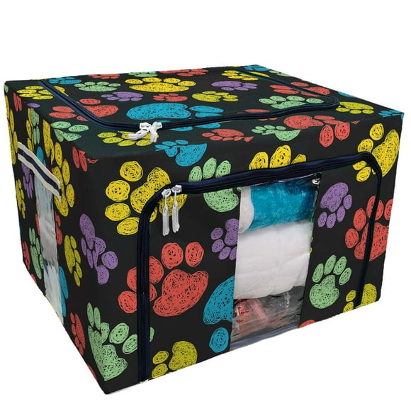 YUSDECOR Cute colorful doodle paw prints Animal tiling Storage Bag Clear Window Storage Bins Boxes Large Capacity Foldable Stackable Organizer With Steel Metal Frame For Clothes,Closets, Bedrooms