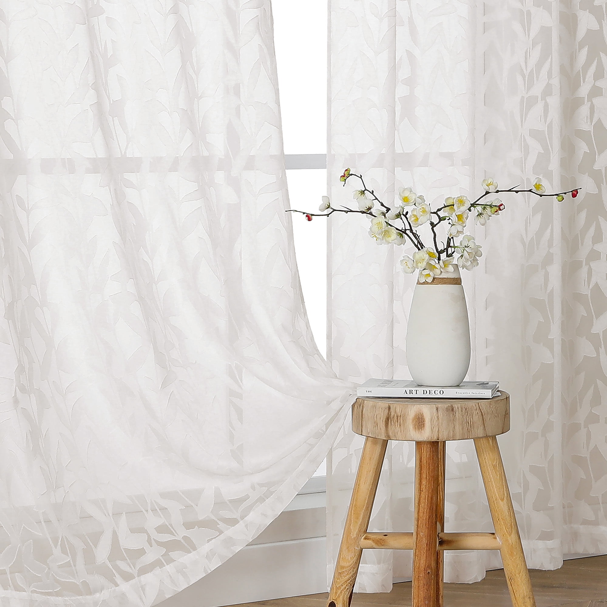 OVZME Leila Extra Long 120 Inch Length Sheer Curtains 2 Panels Ivory, Jacquard Leaf Textured Semi-Sheer Drapes, Farmhouse Style with Rod Pocket for Living Room Bedroom, 52" W x 120" L, Ivory