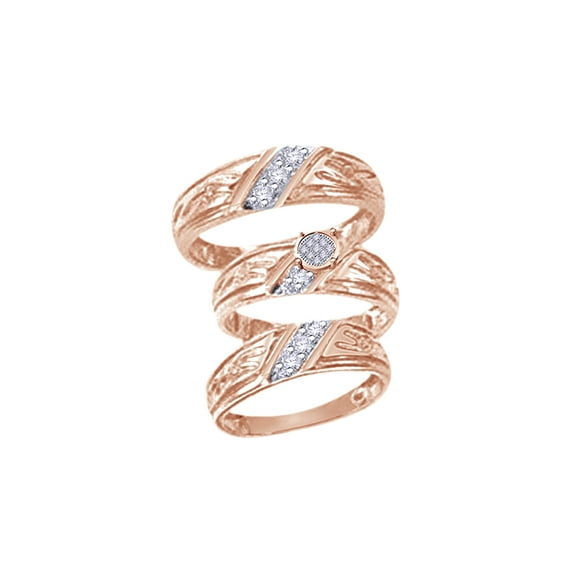AFFY White Natural Diamond Engagement & Wedding Trio Band Ring Set In 10k Rose Gold (0.15 Cttw)
