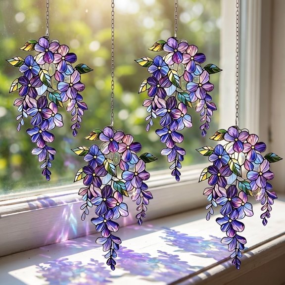 Acrylic glass Window Hanging 6X3 Inch Wisteria Floral Suncatcher Purple Home Decor for Living Room Bedroom Entryway Window Display 1 Pack