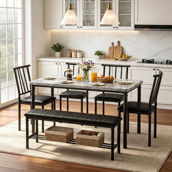UHOMEPRO 6 Piece Dining Table Set for 4-6, Space Saving Kitchen Table Set with Bench and Storage Racks, PU Chairs, Metal Frame Dining Room Set for Apartment, Breakfast Nook - Gray and Black