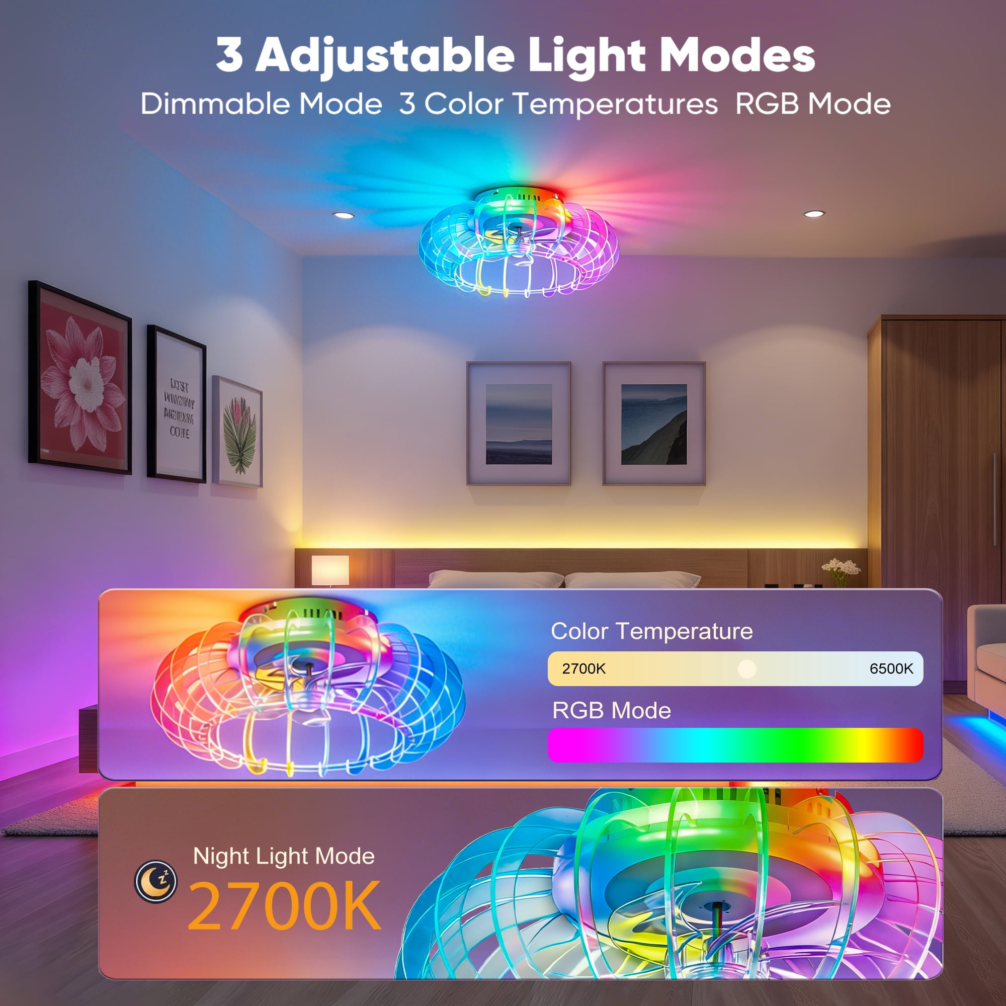 21" Low Profile Bladeless Ceiling Fan with Lights Dimmable LED Enclosed Ceiling Fans with Light and Remote 6 Wind Speeds Reversible Ceiling Fan with Bluetooth Speaker for Kids Room Bedroom Party