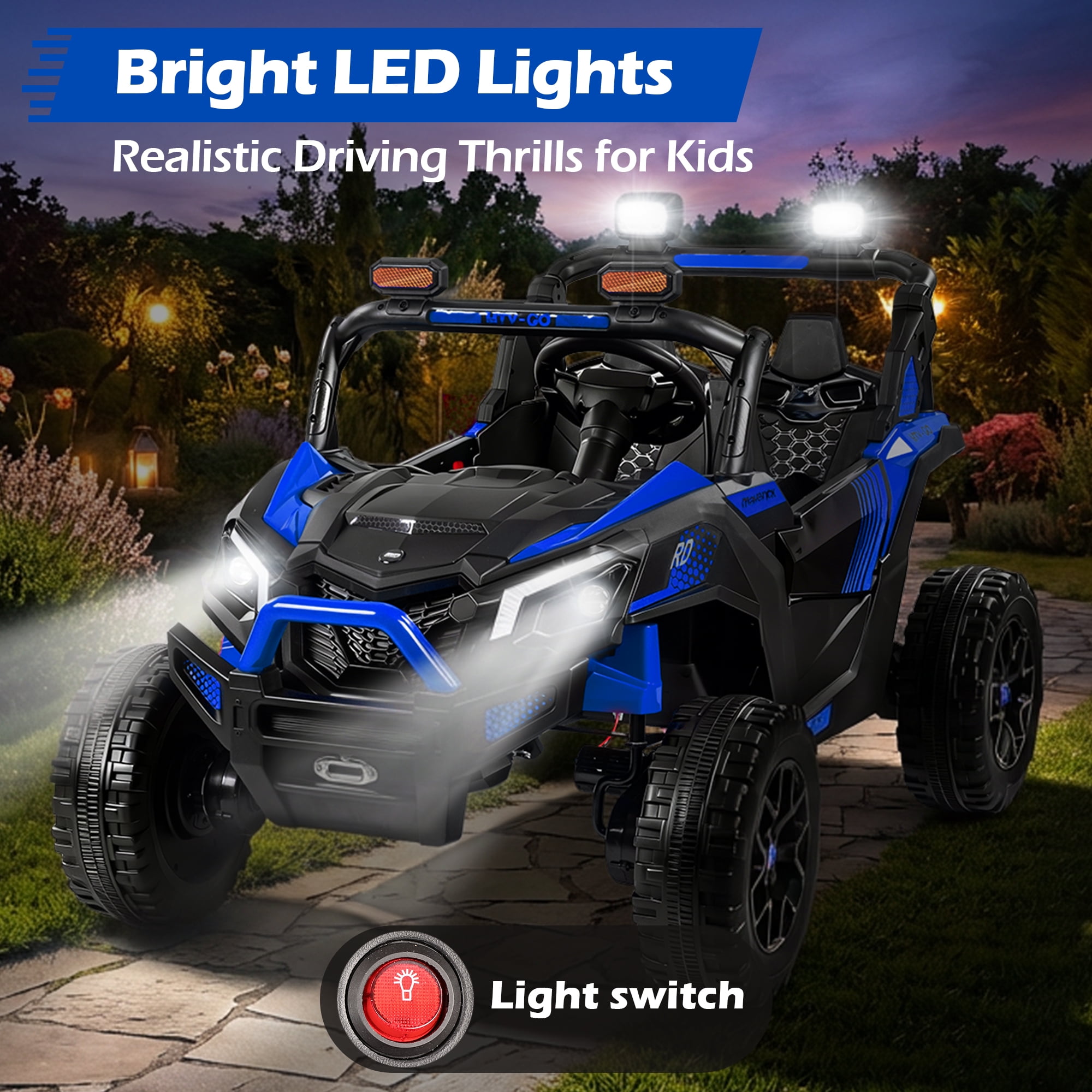 Wisairt 24V Ride on Toys 4WD Ride on Cars with Remote Control, 2 Seater Electric Car for Kids, Power Car Wheels, UTV w/ Four Motors, Music, LED Lights, Wireless Audio, 3 Speeds, Blue