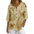 thumbnail image 2 of Womens Linen Tops 3/4 Sleeve V Neck Bohemian Blouses Casual Loose Fit Tunic Boho Shirts Floral Printed Clothes, 2 of 8
