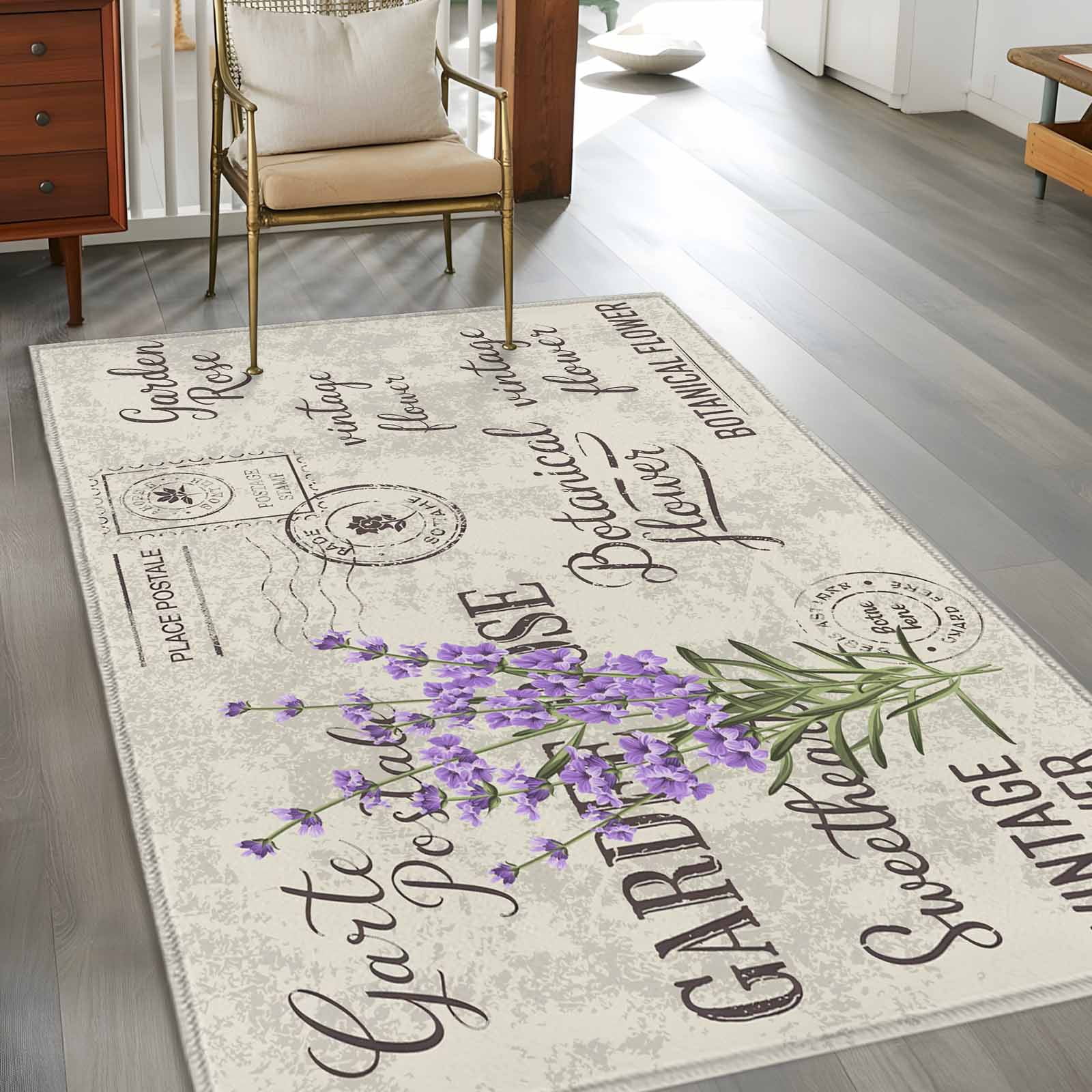 Kitchen Mats for Floor 3x5 Ft, Purple Lavenders Eater Non Slip Area Rugs for Kitchen Bedroom Entryway, Vintage Floral Retro Art Washable Carpet Runner Rug Floor Mats for Bedroom Home Decor