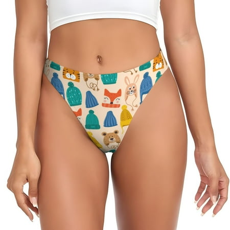 Qokaie Small Animals with Knit Hat Pattern Printed Women s Cotton Thong Underwear  Sexy Breathable Panties G-string-3X-Large