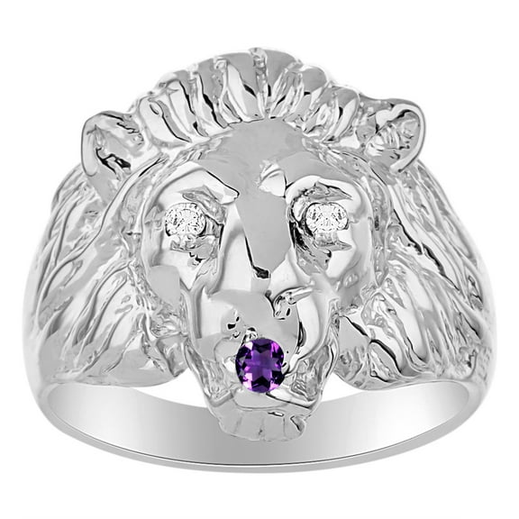 RYLOS 14K White Gold Lion Head Ring; Diamonds in Eyes & Gemstones in Mouth Fun Designer Rings - Amethyst Mens Jewelry Size 6