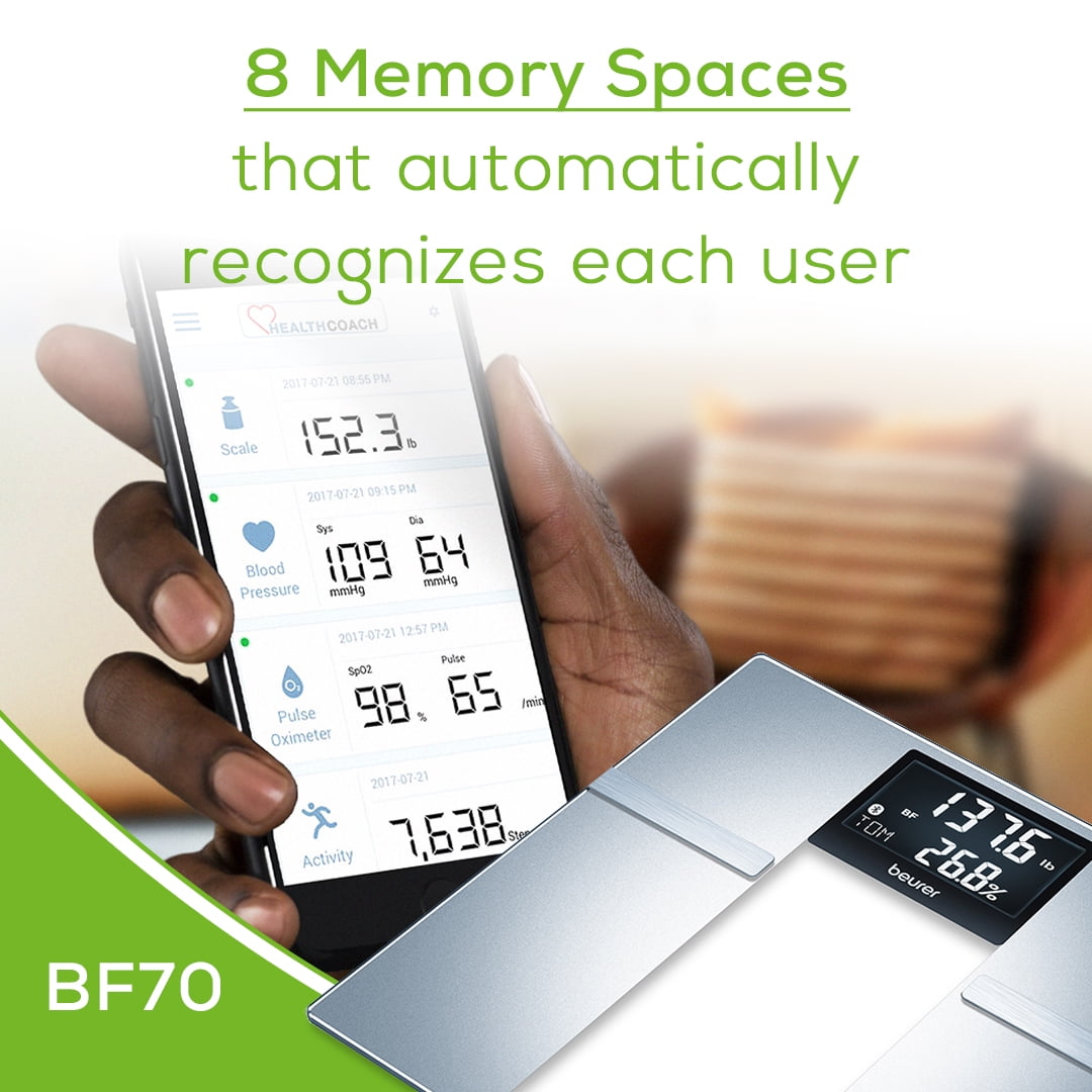 Beurer Body Fat Scale, Body Weight, Body Fat, Body Water & More, Smart Digital Scale for Full Body Analysis, BMI & Calorie Display, App Sync via Bluetooth, User Recognition, 8 Memory Spaces, BF70