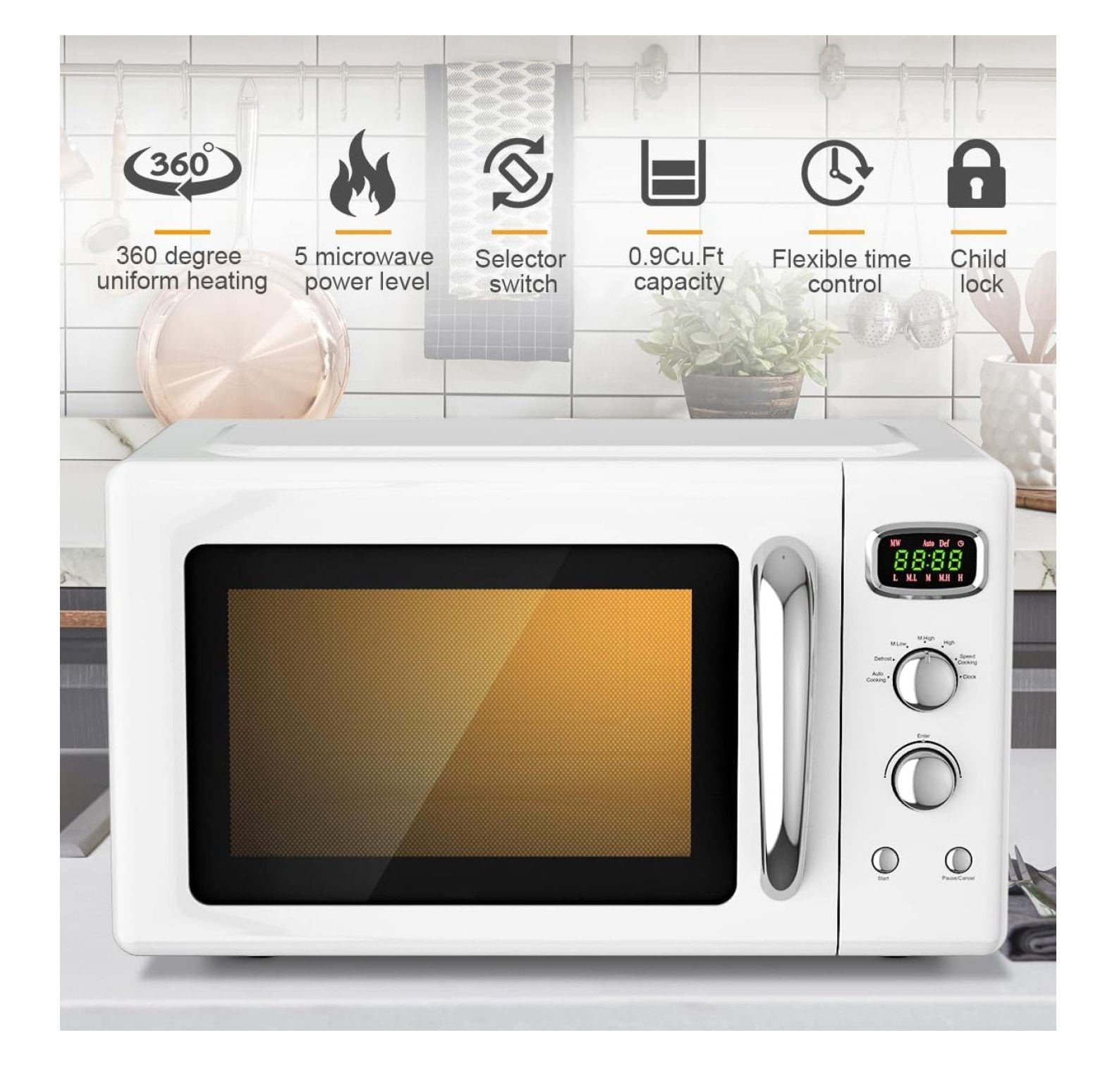 0.9 Cu.Ft Microwave Oven, 900W Countertop Microwave, 5 Power Levels, Defrost, Auto Cook, LED Display, Stainless Steel Interior, Child Lock, ETL Certified