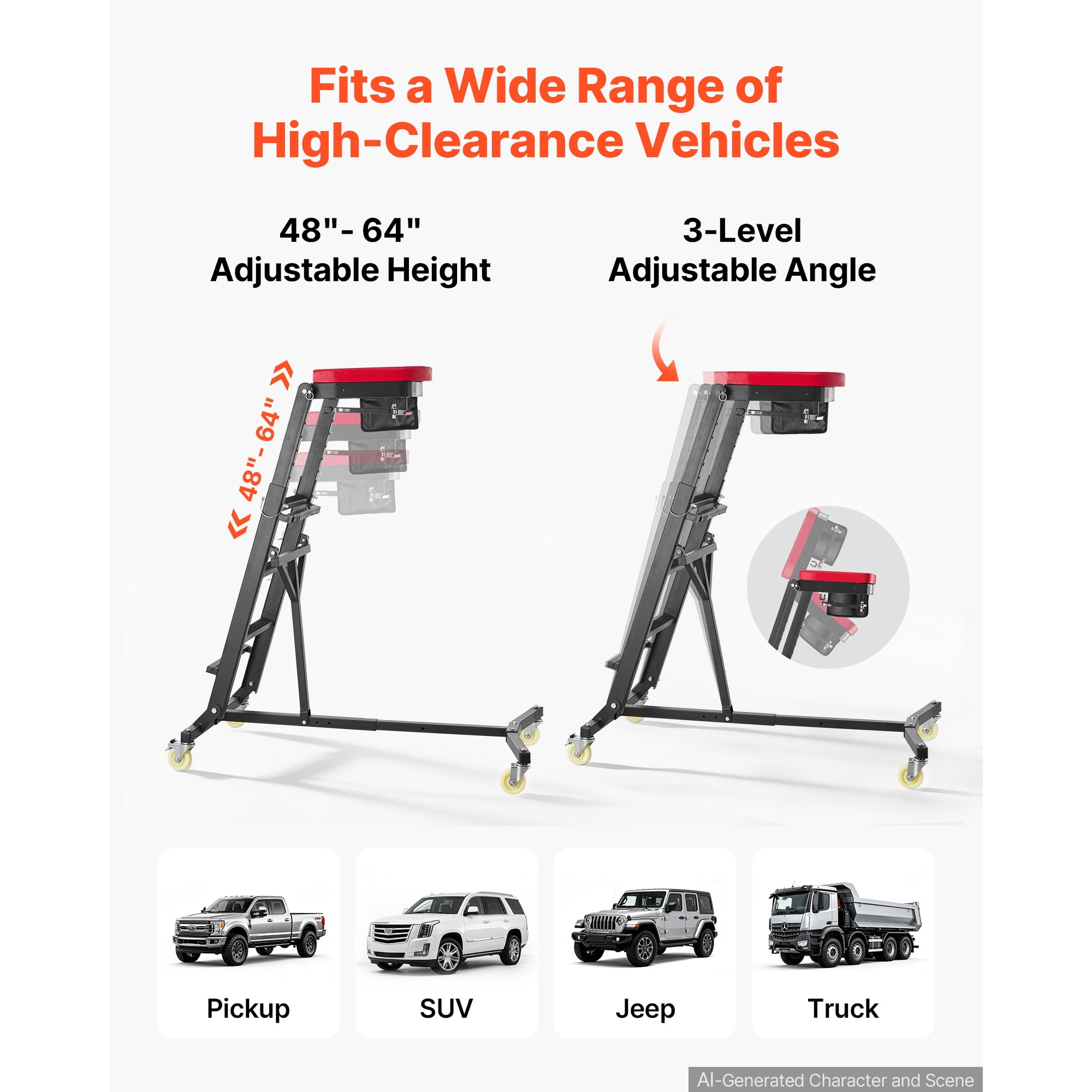 KFFKFF Adjustable Automotive Creeper 48"-64" with Folding Arm, Foldable High-Top Engine Creeper, 400LBS Durable Support, Stable I-Shaped Base, 4-Wheel Smooth Movement for Vehicle Maintenance