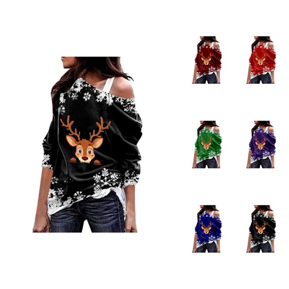 Womens Christmas Sweatshirt Long Sleeve One Shoulder Festive Reindeer and Snowflake Print Pullover Sweatshirts