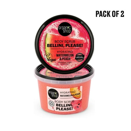 Organic Shop Watermelon & Peach, Hydration & Exfoliating Body Scrub, 100% Vegan & Organic, Daily Exfoliant, Detox & Moisturizer, Body, Face, Hand & Foot, Intensive Care & Skin Toning. 250ml. Pack-2