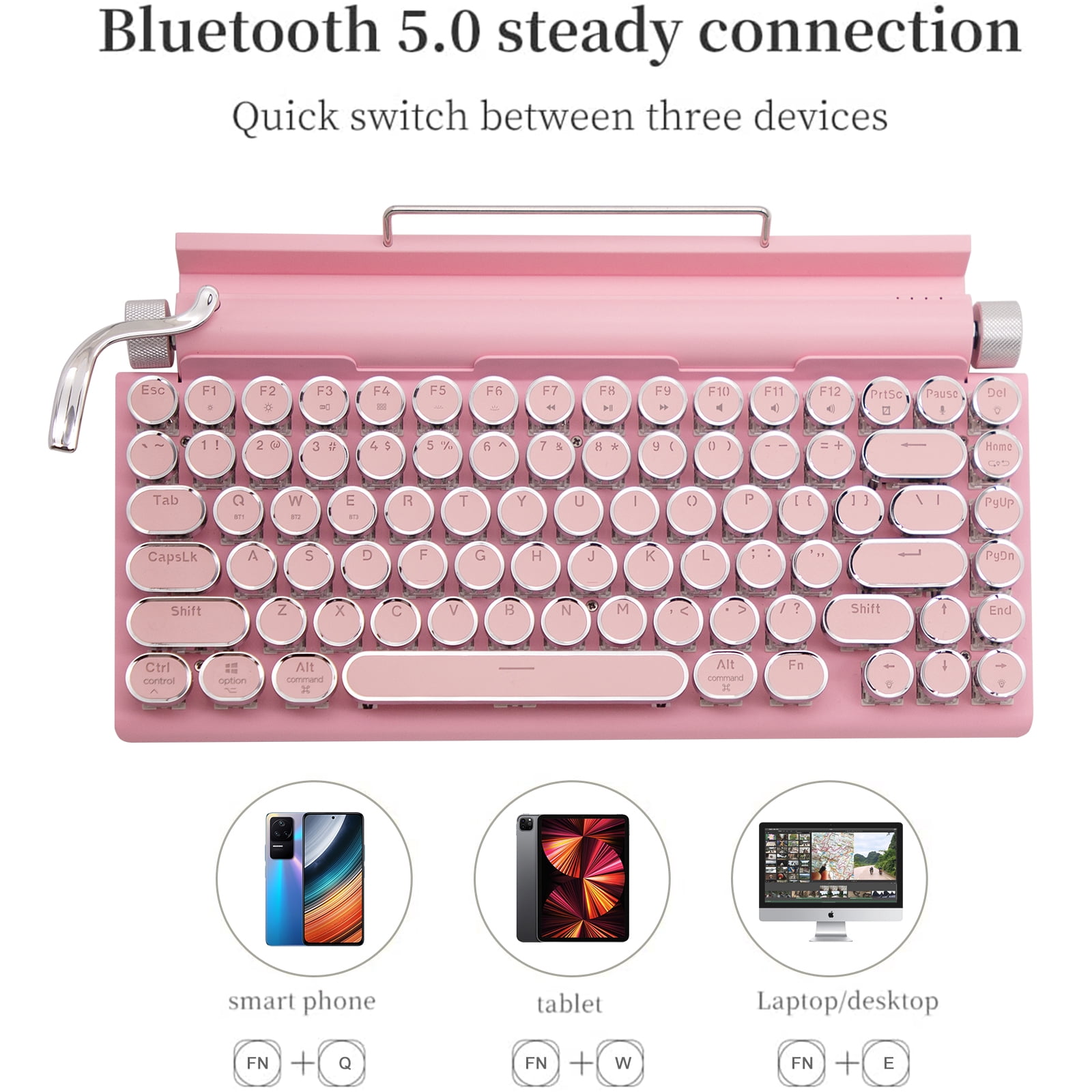 83-Key Retro Mechanical Keyboard,Dot Typewriter Mechanical Wireless Bluetooth Keyboard, For Smart Phone, Tablet Laptop/Desktop, Gaming Mechanical Keyboard with Wired/Bluetooth Mode (Pink)