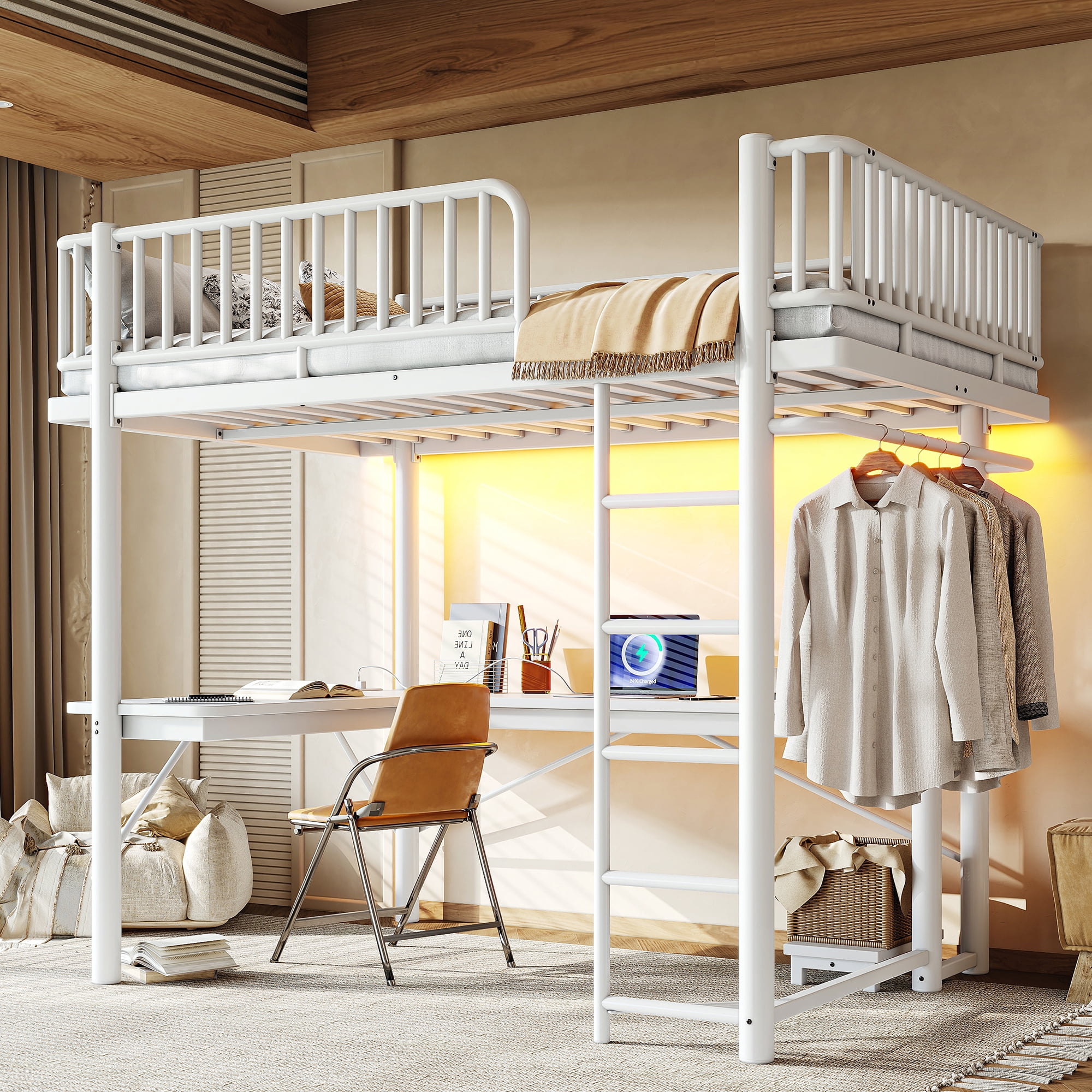 Leumius Full Loft Bed with L-Shaped Desk,LED Light Strip and Charge Station,Metal Loft Bed Frame with Computer Mainframe Tray and Hanging Area,Light White