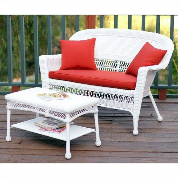 Jeco Wicker Patio Love Seat and Coffee Table Set in White without Cushion