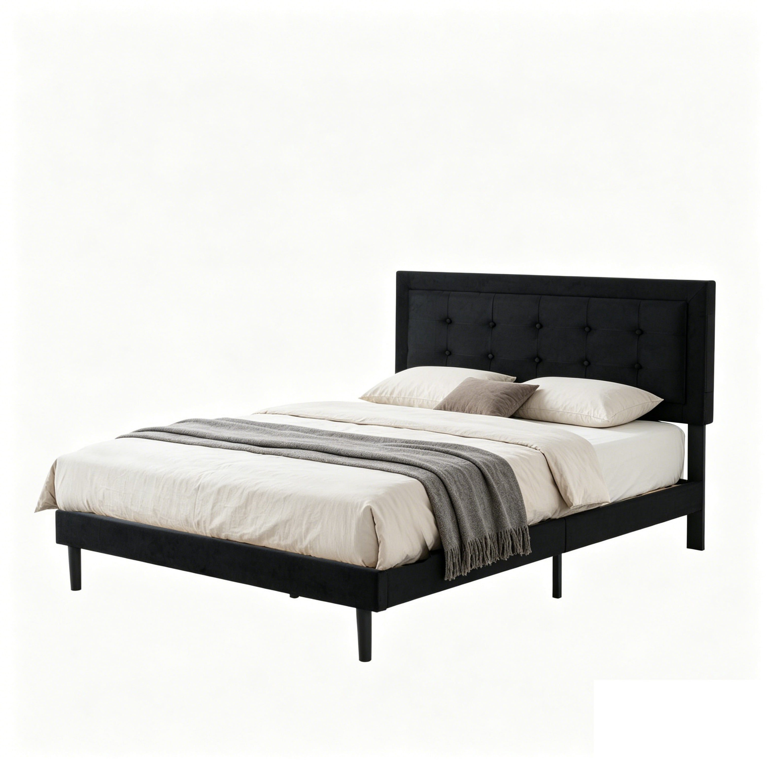 BSHTI Full Size Platform Bed Frame with Square Tufted Upholstered Headboard – Solid Wood Frame, 10 Wood Slats, Center Support Leg, Under-Bed Clearance, No Box Spring Needed, Black