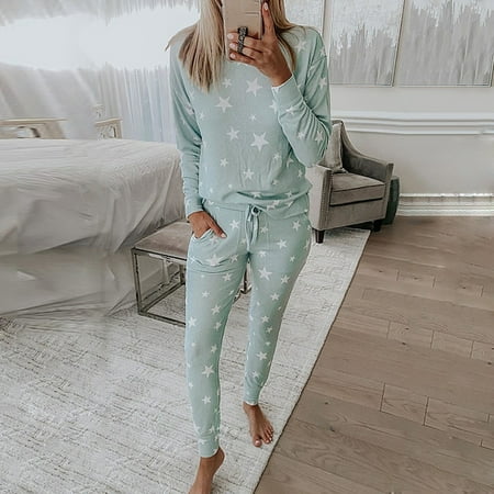 

LnjYIGJ Workout Sets for Women Women s Fashion Loose Five-Pointed StarPrinted Long Sleeve Trousers Casual Two-Piece Homewear Suit