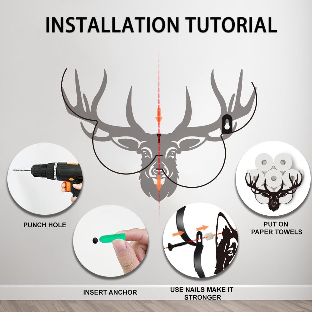 Black Deer Head Toilet Paper Roll Holder Iron Antler Toilet Paper Storage Shelf Cute Animal Toilet Paper Cabinet Deer Bathroom Wall Mounted Toilet Paper Organizer