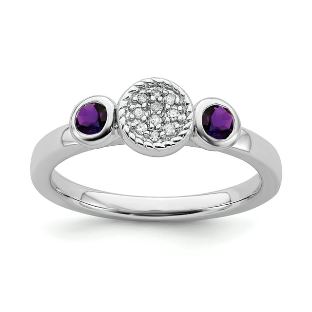 925 Sterling Silver Round Amethyst Diamond Stackable Ring Birthstone February Gemstone