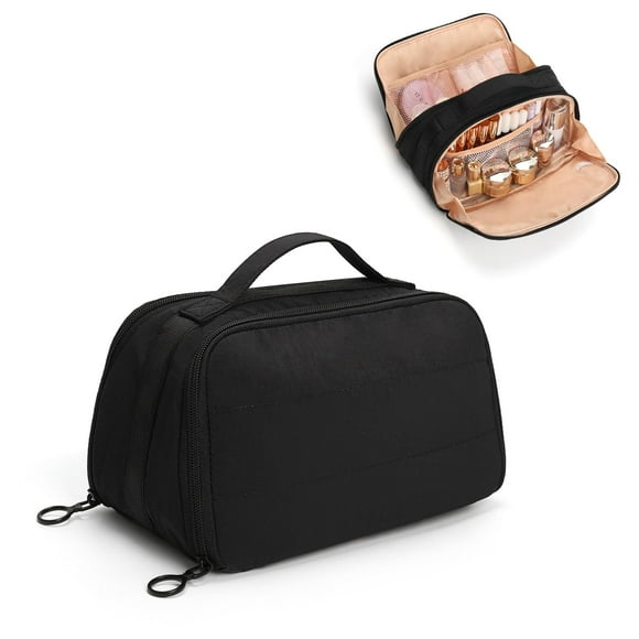 Bolsa de maquillaje de viaje OCHEAL, ancha y plana, para cosméticos, color negro