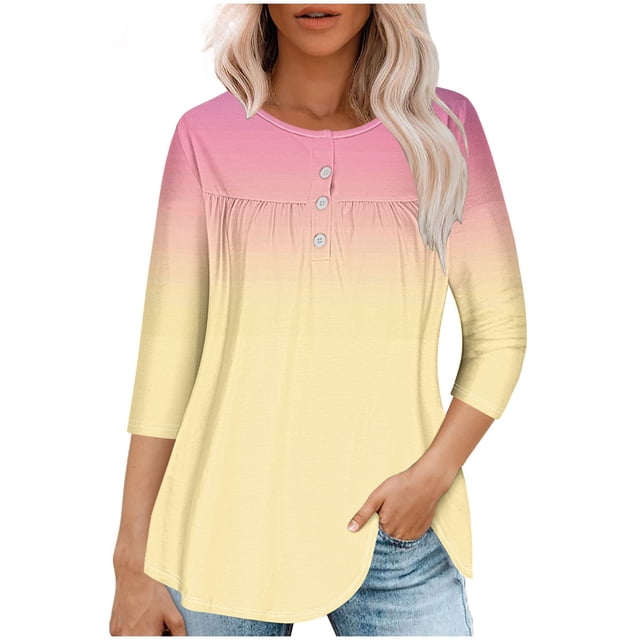 RXIRUCGD T-shirt Imprimé Décontracté d'Été pour Femmes Manches Trois-Quarts Col Rond Froncé Blouse, Beige, Taille : m