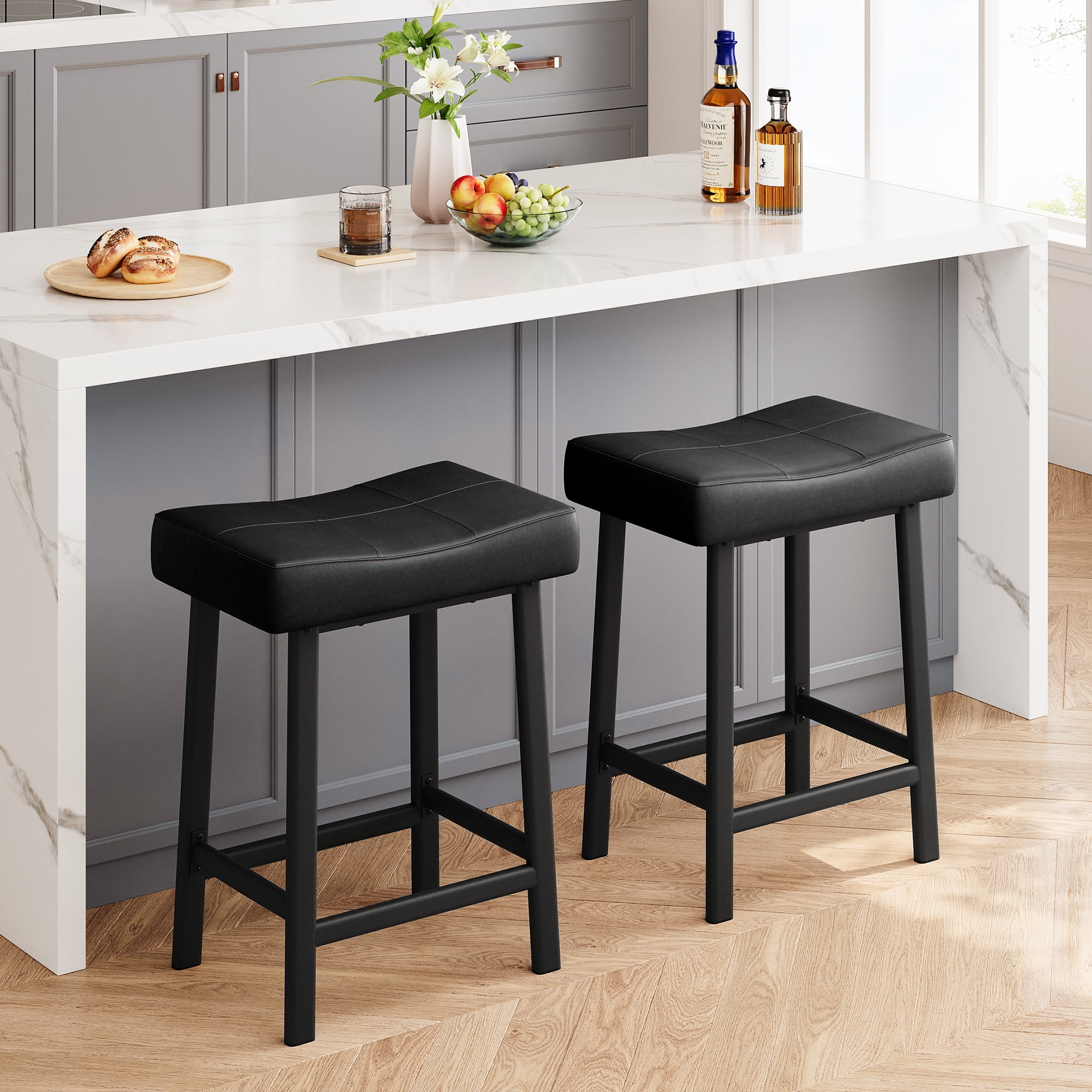 AOILE 24-Inch Bar Stools Set of 2/4 – Soft PU Leather Seat, Sturdy Metal Frame, Waterproof & Easy-to-Clean – Ideal for Kitchen Island, Bar, Dining Room – Available in Black, Brown, Grey, White