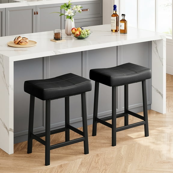 Counter Height 24" Barstools Set of 2, Modern Upholstered Counter Stool with Curved Surface, PU Leather Backless Saddle Stool, for Kitchen Counter or Home Bar