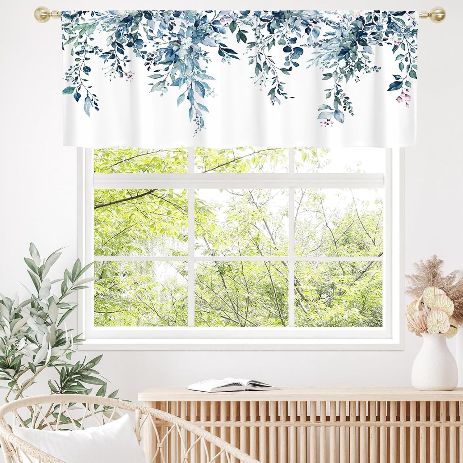 Green Kitchen Curtains Valances, Eucalyptus Leaves Pattern Semi Sheer Kitchen Valances for Living Room, Watercolor Botanical Rod Pocket Short Window Treatment Decor, 52x18