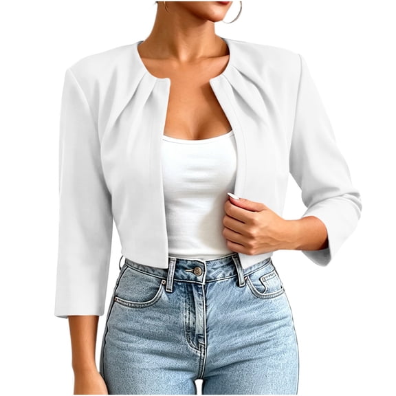 SETOOFF Open Front Cropped Womens Blazer 3/4 Sleeve Round Neck Pleated Shoulder Jacket Loose Fit Outerwear Dressy Casual Spring Summer Office Vacation Clothes