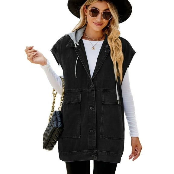 SWSMCLT Women's Hooded Denim Vest Fashion Casual Denim Jacket Long Oversized Baggy Jean Vests Button Up Loose Fit Pockets Fall Spring Black Small