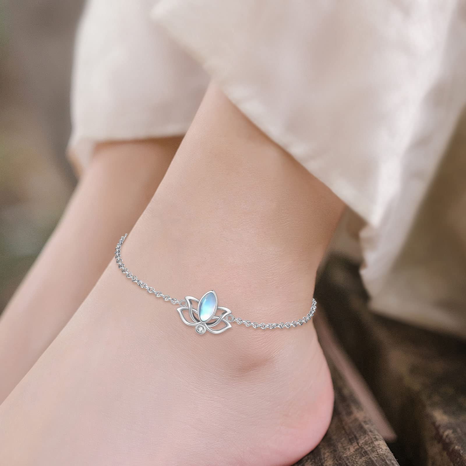 YAFEINI Moonstone Lotus Anklet for Women Sterling Silver Lotus Flower Adjustable Anklets Yoga Jewelry Gifts for Women
