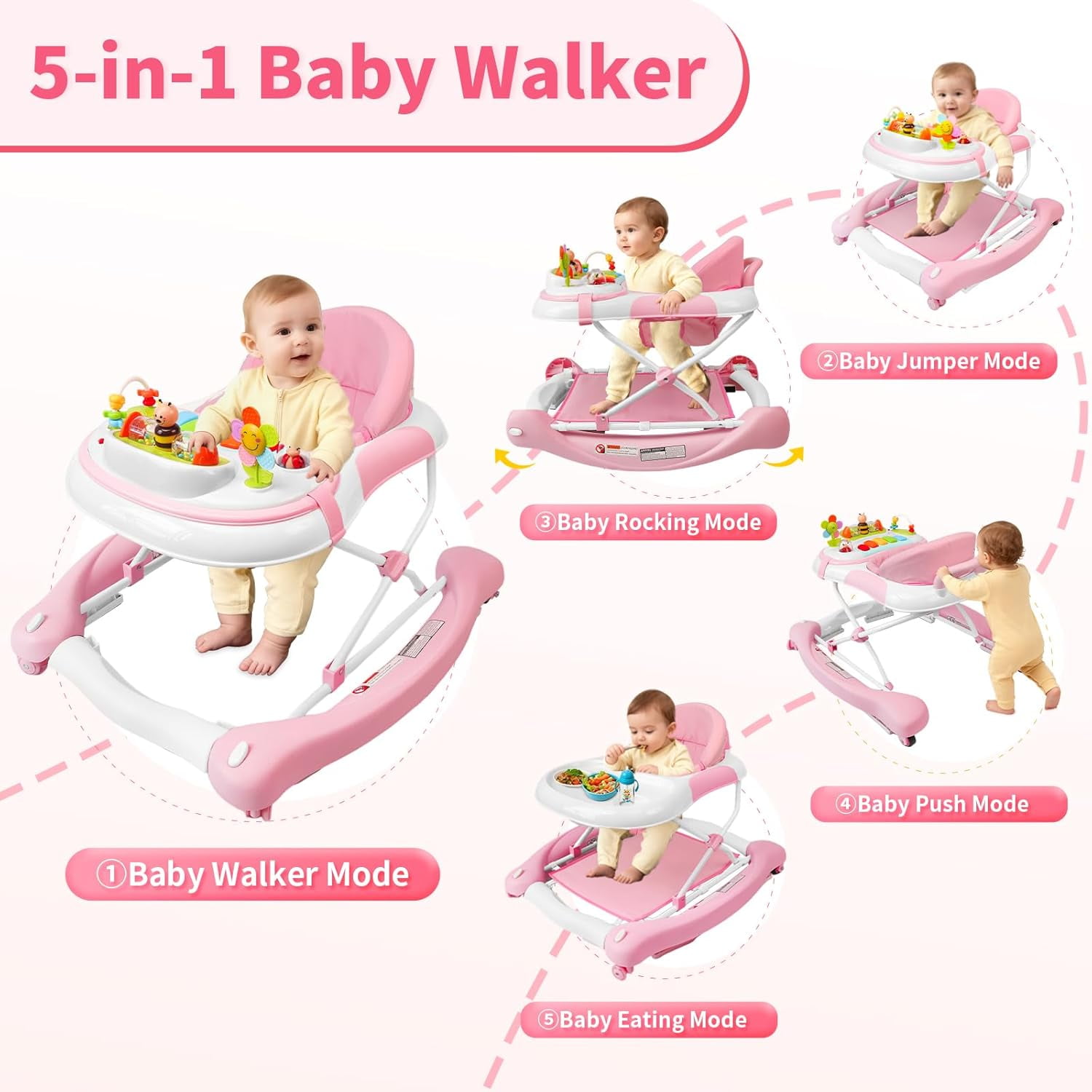 5 in 1 Baby Walker (Walk,Jumper,Rocking,Push,Eating Mode) for Boys Girls,Foldable,Music & Light,Height Adjustable,Wheels for Infant Babies,Pink