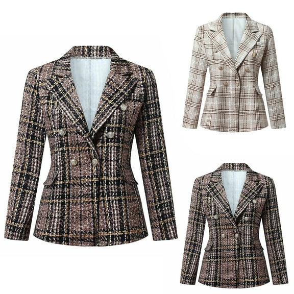 QIPOPIQ 2025 Fall Winter Tweed Blazer for Women Jacket Warm Fashion Casual Open Front Business Elegant Work Suit Top Pocket Clearance
