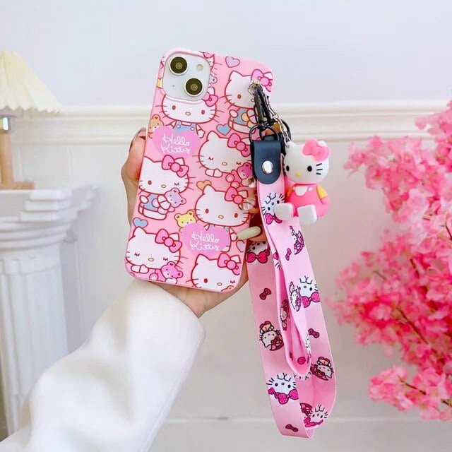 For iPhone 6 S 7 8 X Xs Max XR 11 12Mini 13 14 Pro SE Max Case Sanrio Hello Kitty Cat TPU Soft Phone Case With Holder Strap Rope wy LXY