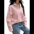 thumbnail image 2 of Suéteres Casuales con Cuello en V y Larga para Mujer, con Cremallera de un Cuarto, de Punto Holgado, con Bloques de Color y Cuello en V, para Otoño. Rosa L, 2 of 8