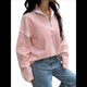 thumbnail image 2 of Suéteres Casuales con Cuello en V y Larga para Mujer, con Cremallera de un Cuarto, de Punto Holgado, con Bloques de Color y Cuello en V, para Otoño. Rosa XL, 2 of 8