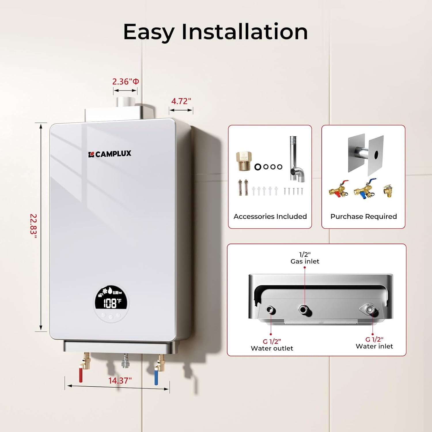 CAMPLUX 3.18GPM 82,000BTU Propane Indoor Tankless Water Heater For 2-3 Points Use, With Horizontal Vent Pipe, CA318W-LP